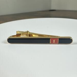 Yves Saint Laurent Tie Clip Mens Gold Black Enamel YSL Logo 2 Inch Designer